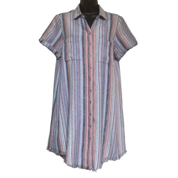 Caffe Marrakesh Linen Blend Striped Raw Hem & Sleeve Button Front Shirt Dress M - Picture 2 of 12